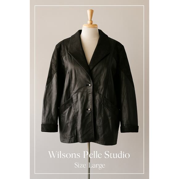 Vintage Wilsons Pelle Studio Thinsulate Black Leather & Suede Jacket Trench L - Picture 1 of 9